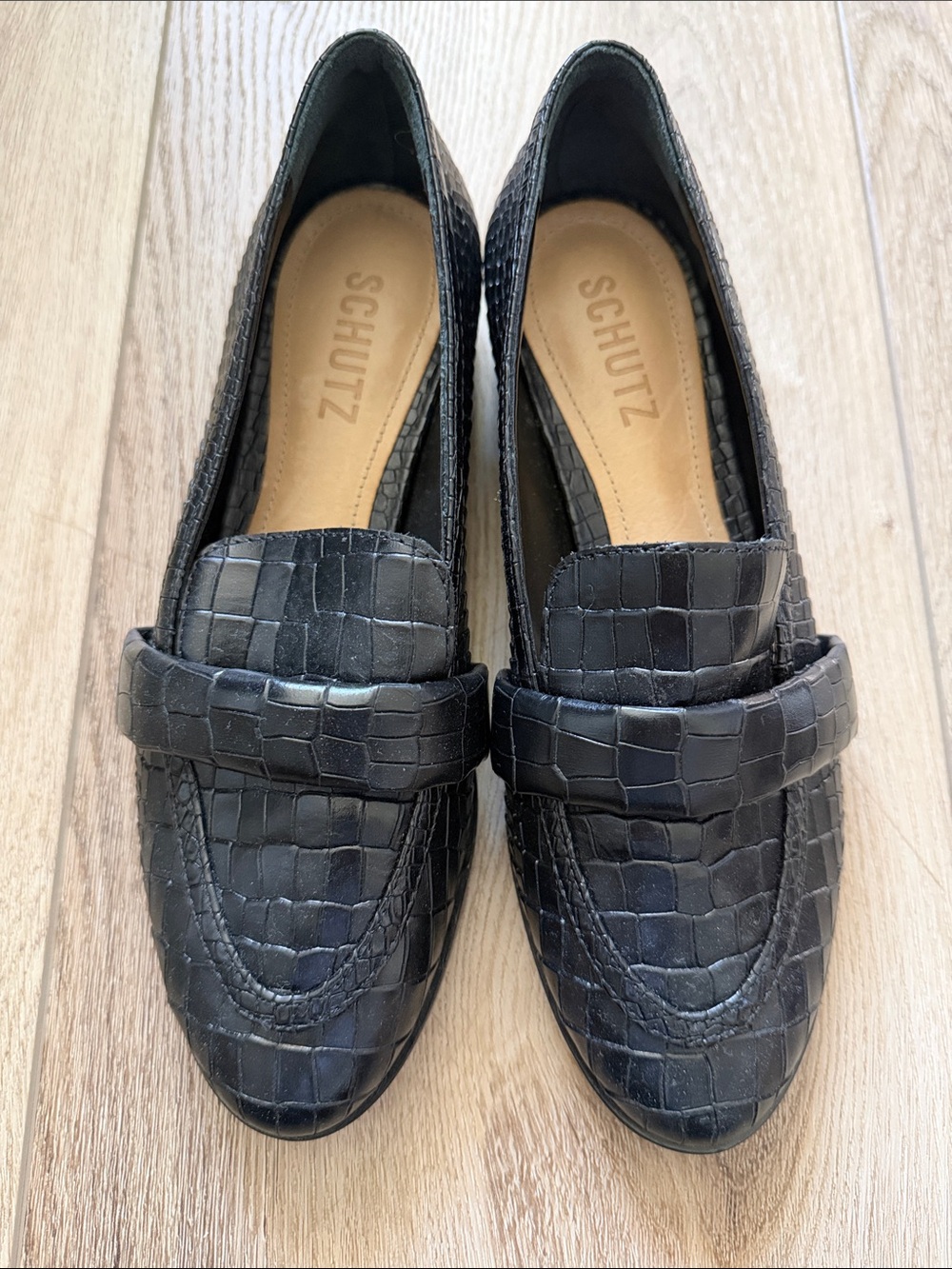 SCHUTZ Black Croc-Embossed Loafers